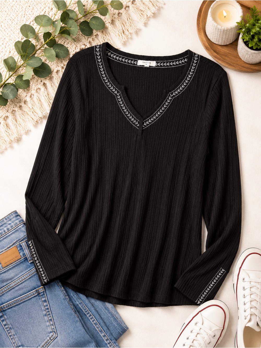 Maurices Black Ribbed V‑Neck Long Sleeve Top with White Embroidery